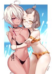 Rule 34 | 2girls, bare arms, bare shoulders, bikini, black bikini, breasts, commentary request, cowboy shot, forehead, glasses, grey hair, grin, groin, hair over one eye, hand up, highres, holding, horns, koissa, large breasts, looking at viewer, multiple girls, navel, off-shoulder bikini, off shoulder, original, oshin0 (zheng), red eyes, sharp teeth, short hair, side-tie bikini bottom, smile, standing, stomach, swimsuit, teeth, thighs, yellow bikini, yellow eyes