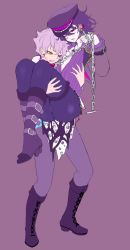Rule 34 | 10s, 2boys, androgynous, boots, carrying, chain, clenched teeth, collar, ensemble stars!, flat color, full body, half-closed eyes, hat, heart, jewelry, light purple hair, male focus, multiple boys, necklace, ogami koga, open clothes, open shirt, parted lips, princess carry, purple background, purple hair, red eyes, sakuma rei (ensemble stars!), shiraishi asuka, shirt, simple background, speaker, spiked hair, sweatdrop, teeth, thick thighs, thigh strap, thighs, tsurime, wide hips, yaoi, yellow eyes