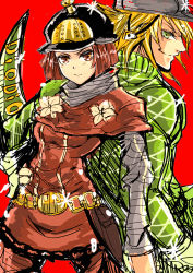 Rule 34 | 1boy, 1girl, 4179a, back-to-back, belt, blonde hair, diego brando, flower, gloves, green shirt, hand on own hip, hat, hot pants (sbr), jojo no kimyou na bouken, red background, red eyes, red hair, scary monsters (stand), shirt, short hair, sketch, smile, stand (jojo), steel ball run, sweater, tail, turtleneck