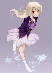 Rule 34 | 1girl, absurdres, arms behind back, ascot, blonde hair, blush, fate/stay night, fate (series), full body, grey background, grey skirt, highres, illyasviel von einzbern, jacket, long hair, marianzu, no shoes, purple jacket, red eyes, simple background, sketch, skirt, smile, socks, solo, white socks