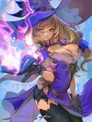 Rule 34 | 1girl, black thighhighs, blue flower, blue rose, book, breasts, brown hair, capelet, cleavage, dress, electricity, flower, genshin impact, gloves, hat, hat belt, highres, jimbobox, lisa (genshin impact), looking at viewer, multicolored clothes, multicolored dress, open book, purple capelet, purple hat, rose, solo, thighhighs, witch hat