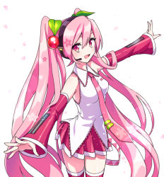 Rule 34 | 1girl, :d, akiyoshi (tama-pete), cherry blossom print, cherry hair ornament, commentary, detached sleeves, earphones, floral print, food-themed hair ornament, hair ornament, hands up, hatsune miku, long hair, miniskirt, necktie, open mouth, outstretched arms, pink eyes, pink hair, pink skirt, pink sleeves, pink thighhighs, sakura miku, skirt, smile, solo, thighhighs, twintails, vocaloid