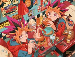 Rule 34 | 2boys, burger, commentary, counter, diner, drinking straw, english commentary, food, french fries, fujiharu (akamine), highres, looking at viewer, looking up, male focus, menu, multiple boys, muto yugi, napkin, napkin holder, restaurant, salt shaker, table, yami yugi, yu-gi-oh!, yu-gi-oh! duel monsters