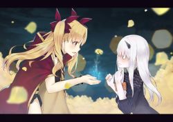 Rule 34 | 2girls, amder, bad id, bad pixiv id, blonde hair, blurry, blurry background, cape, collarbone, colored skin, ereshkigal (fate), fate/grand order, fate (series), flower, from side, hair ribbon, horns, lavinia whateley (fate), letterboxed, long hair, looking at another, multiple girls, pale skin, petals, pixiv fate/grand order contest 2, ribbon, sanpaku, see-through, sideways mouth, single horn, tagme, twintails, white hair, white skin