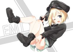 Rule 34 | 1girl, ;d, black eyes, blonde hair, boots, child, erica hartmann, gun, handgun, hat, mobu, one eye closed, open mouth, panties, pistol, smile, solo, strike witches, thighs, underwear, uniform, walther, weapon, white panties, wink, world witches series