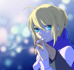 Rule 34 | 1girl, ahoge, artoria pendragon (all), artoria pendragon (fate), blonde hair, blue eyes, blue scarf, braid, braided bun, closed mouth, coat, fate/stay night, fate (series), hair between eyes, hair bun, holding hands, long sleeves, looking at viewer, pov, saber (fate), scarf, short hair, sidelocks, sketch, smile, solo focus, vvv1356 ygo, white coat