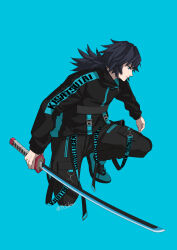 Rule 34 | 1boy, absurdres, alternate costume, black hair, black pants, black sweater, blue background, blue eyes, character name, closed mouth, contemporary, frown, hair between eyes, highres, holding, holding sword, holding weapon, kake hashi3, katana, kimetsu no yaiba, long hair, long sleeves, low ponytail, male focus, on one knee, pants, profile, sheath, simple background, solo, sweater, sword, tomioka giyuu, twitter username, unsheathed, weapon