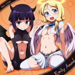 Rule 34 | 10s, 2girls, angel and devil, angel wings, arm support, barefoot, belt, bike shorts, blonde hair, blue eyes, blush, bow, breasts squeezed together, breasts, character name, crop top, demon horns, demon wings, emily armond, gundam, gundam age, hair bow, hair over shoulder, halo, horns, leaning forward, looking at viewer, medium breasts, midriff, multiple girls, navel, open mouth, pleated skirt, purple eyes, purple hair, runaru, short hair, sitting, skirt, smile, thighhighs, underboob, wariza, white legwear, wings, yurin leciel