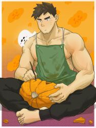 Rule 34 | 1boy, amaimao, apron, bara, commentary, facial hair, full body, goatee stubble, green apron, halloween, highres, jack-o&#039;-lantern, large pectorals, male focus, muscular, muscular male, nipples, original, pectorals, short hair, sidepec, sitting, solo, stubble, sweatdrop, symbol-only commentary, thick eyebrows