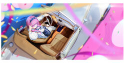 Rule 34 | absurdres, agwing86, blue skirt, blurry, blurry foreground, car, driving, from above, glasses, hairband, highres, hololive, long hair, minato aqua, minato aqua (sailor), motor vehicle, multicolored hair, pantyhose, pink hair, pleated skirt, skirt, virtual youtuber, white pantyhose