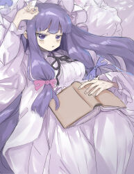 Rule 34 | 1girl, absurdres, bags under eyes, blue bow, blunt bangs, book, bow, commentary request, hair bow, highres, holding, holding book, long hair, looking at viewer, open book, parted lips, patchouli knowledge, purple eyes, purple hair, red bow, solo, touhou, usayoshi (touhopu2), very long hair