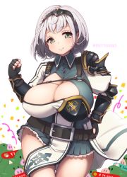 Rule 34 | 1girl, armor, belt, belt buckle, black belt, black gloves, black hairband, braid, breasts, buckle, buttons, cleavage, clenched hand, closed mouth, deto, female knight, fingerless gloves, gloves, green eyes, hairband, hand on own hip, hand up, highres, hololive, huge breasts, knight, looking at viewer, mole, mole on breast, pauldrons, shirogane noel, shirogane noel (1st costume), shoulder armor, silver hair, single pauldron, smile, solo, twitter username, virtual youtuber