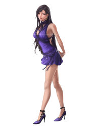 Rule 34 | 1girl, arms behind back, bare arms, bare legs, black hair, blue dress, blue footwear, breasts, choker, crescent, crescent earrings, dress, earrings, final fantasy, final fantasy vii, final fantasy vii remake, full body, high heels, jewelry, large breasts, long hair, looking to the side, official alternate costume, parted lips, red eyes, ribbon choker, short dress, solo, spykeee, square enix, tifa lockhart, tifa lockhart (refined dress), wall market, white background