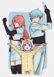 Rule 34 | 1boy, 2girls, ;), ;q, ahoge, arm up, black gloves, black thighhighs, blue eyes, blue hair, chongyun (genshin impact), commentary request, cosplay, creatures (company), crop top, cropped legs, elbow gloves, game freak, gen 1 pokemon, genshin impact, gloves, green eyes, highres, james (pokemon), james (pokemon) (cosplay), jessie (pokemon), jessie (pokemon) (cosplay), long hair, long sleeves, looking at viewer, meowth, meowth (cosplay), midriff, miniskirt, multiple girls, nintendo, no headwear, ofuda, one eye closed, outstretched arms, pants, pencil skirt, pink hair, pokemon, pokemon (anime), purple eyes, purple hair, qiqi (genshin impact), shirt, short hair, short sleeves, skirt, smile, standing, stomach, susti (susti nere), thighhighs, tongue, tongue out, very long hair, white pants, white shirt, white skirt, yanfei (genshin impact)