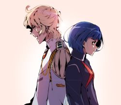 Rule 34 | 10s, 1boy, 1girl, artist name, back-to-back, blonde hair, blue collar, blue hair, blue shirt, closed mouth, collar, collared shirt, curly hair, darling in the franxx, emi-bianchi, frown, gradient background, green eyes, highres, ichigo (darling in the franxx), long sleeves, looking at viewer, military, military uniform, nine alpha (darling in the franxx), open mouth, shirt, short hair, simple background, uniform, white collar, white shirt
