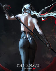 Rule 34 | 1girl, absurdres, arlecchino (genshin impact), artist name, ass, back, bare shoulders, black background, black pants, colored extremities, commentary, english commentary, feet out of frame, fingernails, from behind, genshin impact, grey hair, highres, holding, holding scythe, holding weapon, jvndraws, long fingernails, long hair, multicolored hair, pants, red hair, scythe, solo, standing, streaked hair, topless, weapon, white hair