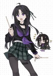 Rule 34 | 1girl, awa subaru, black choker, black hair, black nails, black pantyhose, black sailor collar, black shirt, choker, commentary, corrupted twitter file, dotted background, drumsticks, girls band cry, green ribbon, green skirt, hair ribbon, highres, holding, holding drumsticks, iris769675331, long hair, multiple views, neckerchief, one eye closed, open mouth, pantyhose, plaid, plaid skirt, purple eyes, purple neckerchief, ribbon, sailor collar, school uniform, serafuku, shirt, skirt, smile, sparkle, thigh strap, white background