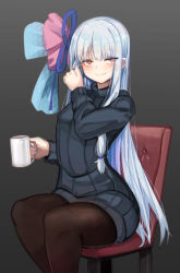 Rule 34 | 1girl, at2., black sweater, blue hair, blue nails, blush, brown pantyhose, chair, closed mouth, commentary request, cup, feet out of frame, grey background, hand up, highres, holding, holding cup, kotonoha aoi, long hair, long sleeves, looking at viewer, mug, nail polish, on chair, pantyhose, red eyes, ribbed sweater, simple background, sitting, smile, solo, sweater, very long hair, voiceroid