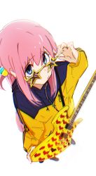 Rule 34 | 1girl, absurdres, blue eyes, bocchi the rock!, chromatic aberration, closed mouth, cube hair ornament, electric guitar, gotoh hitori, guitar, hair between eyes, hair ornament, hair over eyes, higemu, highres, holding, holding instrument, instrument, jacket, long hair, long sleeves, looking at viewer, one side up, pink hair, solo, star-shaped eyewear, star (symbol), track jacket