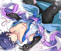 Rule 34 | 10s, 1boy, alternate costume, black gloves, black pants, blue eyes, cherry blossoms, collarbone, elbow gloves, gloves, idolmaster, idolmaster side-m, japanese clothes, looking to the side, lying, male focus, on back, pants, pectorals, petals, solo, taiga takeru, upside-down