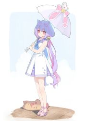 Rule 34 | 1girl, animal ears, bare arms, bare shoulders, bell, blue neckerchief, blue sailor collar, bow, cat ears, commentary request, dress, full body, hair bell, hair between eyes, hair ornament, highres, holding, holding umbrella, jingle bell, long hair, low twintails, neckerchief, original, pink footwear, pleated dress, purple hair, red bow, red eyes, sailor collar, sailor dress, sandals, sekira ame, sleeveless, sleeveless dress, solo, standing, star (symbol), star hair ornament, twintails, umbrella, very long hair, white dress, white umbrella