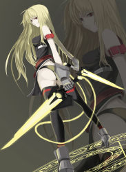 Rule 34 | 1girl, armored boots, ass, bardiche (nanoha), bardiche (riot zanber stinger) (nanoha), black panties, blonde hair, boots, breasts, dutch angle, expressionless, fate testarossa, fate testarossa (true sonic form), from side, frown, gauntlets, grey background, highres, long hair, lyrical nanoha, magic circle, mahou shoujo lyrical nanoha strikers, medium breasts, panties, red eyes, simon (n.s craft), solo, thighhighs, thighs, underwear, very long hair, zoom layer