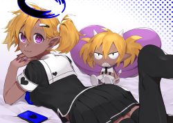Rule 34 | 1girl, absurdres, ahoge, black shirt, black skirt, black thighhighs, blonde hair, blush, breasts, cellphone, character doll, commentary request, dark-skinned female, dark skin, demon girl, fang, foot up, from behind, hair between eyes, hair ornament, hair tie, hairclip, halo, heart, heart-shaped pillow, heart print, highres, horns, kameno sachi, looking at viewer, looking back, lying, medium breasts, miniskirt, nail polish, on stomach, original, own hands together, phone, pillow, pleated skirt, pointy ears, polka dot, polka dot background, purple eyes, purple nails, sailor collar, shirt, short sleeves, skin fang, skirt, smile, solo, thighhighs, timestamp, twintails, white background, zettai ryouiki