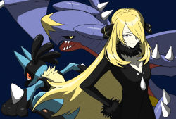 Rule 34 | 1girl, black coat, black collar, blonde hair, blue background, breasts, cleavage, closed mouth, coat, collar, commentary, creatures (company), cynthia (pokemon), fur-trimmed coat, fur collar, fur trim, game freak, garchomp, gen 4 pokemon, hair ornament, hair over one eye, highres, long hair, long sleeves, lucario, nintendo, pokemon, pokemon (creature), pokemon dppt, rii (mrhc7482), simple background, smile, spikes, split mouth