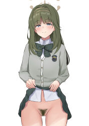 Rule 34 | 1girl, absurdres, blue archive, blue eyes, blush, bow, bowtie, buttons, cardigan, closed mouth, clothes lift, collared shirt, cowboy shot, female pubic hair, gluteal fold, green bow, green bowtie, green hair, green skirt, grey cardigan, grey halo, halo, highres, lifting own clothes, long hair, long sleeves, looking at viewer, muraka (numacha), no panties, pleated skirt, pubic hair, pussy, shirt, simple background, skirt, skirt lift, smile, solo, tsumugi (blue archive), white background, white shirt