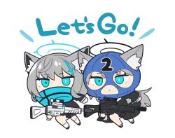 Rule 34 | 2girls, animal ear fluff, animal ears, aqua eyes, balaclava, black dress, black jacket, blue archive, chibi, closed mouth, cross hair ornament, dress, dual persona, english text, grey hair, gun, hair ornament, halo, holding, holding gun, holding weapon, jacket, long sleeves, mask, mismatched pupils, multiple girls, mzh, scarf, shiroko (blue archive), shiroko terror (blue archive), simple background, weapon, white background
