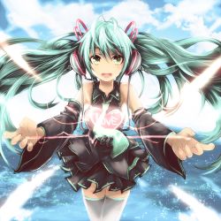 Rule 34 | 1girl, detached sleeves, floating hair, green eyes, green hair, hatsune miku, headset, heart, heart on chest, long hair, matching hair/eyes, necktie, open mouth, skirt, solo, tanashi (mk2), thighhighs, twintails, very long hair, vocaloid