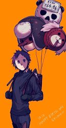 Rule 34 | 1girl, backpack, bag, balloon, black gloves, cameo, character name, cowboy shot, dated, dorohedoro, ebisu (dorohedoro), english text, expressionless, fujita (dorohedoro), gloves, highres, ki (mxxxx), kikurage (dorohedoro), long sleeves, looking to the side, looking up, orange background, pants, scythe, shirt, short hair, simple background, solo, torn clothes, torn shirt, weapon