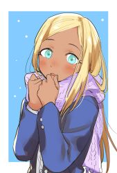 Rule 34 | 1girl, aqua eyes, blonde hair, blue background, blue jacket, blush, border, dark-skinned female, dark skin, dot nose, hands up, idolmaster, idolmaster cinderella girls, idolmaster cinderella girls starlight stage, jacket, layla (idolmaster), long hair, long sleeves, looking at viewer, open clothes, open jacket, open mouth, outside border, purple scarf, scarf, shirt, simple background, solo, upper body, white border, white shirt, yunion (sibujya)