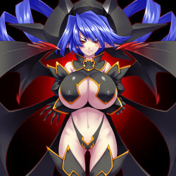 Rule 34 | 1girl, blue hair, boots, breast hold, breasts, cleavage, crossed arms, curly hair, demon girl, dragon wings, drill hair, fang, gloves, highres, huge breasts, large breasts, long hair, original, panties, pointy ears, red eyes, smile, solo, thighhighs, thong, tro (trombe), underboob, underwear, wings