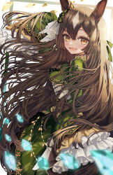 Rule 34 | 1girl, 9 8philia, absurdres, animal ears, blurry, blurry foreground, brown eyes, brown hair, commentary request, diamond (gemstone), dress, frilled sleeves, frills, hair between eyes, hair ornament, highres, horse ears, horse girl, horse tail, long hair, long sleeves, looking at viewer, satono diamond (umamusume), simple background, solo, tail, umamusume, white background