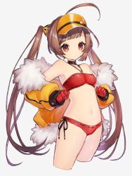 Rule 34 | 1girl, ahoge, alternate costume, azur lane, bikini, breasts, brown hair, cape, commentary request, expressionless, gloves, hair ornament, highres, jacket, long hair, navel, ping hai (azur lane), ping hai (summer vacation) (azur lane), red eyes, red gloves, simple background, small breasts, solo, swimsuit, twintails, white background, zumi tiri