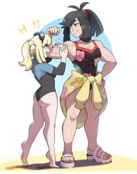 Rule 34 | abs, absurdres, aged up, alternate muscle size, black hair, blonde hair, creatures (company), flexing, game freak, highres, juno son, lillie (pokemon), muscular, muscular female, nintendo, pokemon, pokemon sm, selene (pokemon), swimsuit, thick thighs, thighs, yuri
