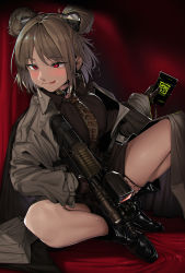 Rule 34 | 1girl, absurdres, ammunition, black footwear, black gloves, blush, brown hair, bullet, bullpup, closed mouth, coat, collared shirt, commission, double bun, fn 5.7x28mm, girls&#039; frontline, gloves, gun, hair bun, highres, holding, holding gun, holding weapon, horizontal magazine, licking lips, long sleeves, necktie, off shoulder, p90, p90 (girls&#039; frontline), pdw cartridge, personal defense weapon, pixiv commission, red eyes, sd bigpie, see-through, shirt, short hair, sitting, solo, submachine gun, tongue, tongue out, translucent, weapon