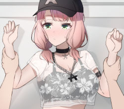 Rule 34 | 1girl, 1other, arimon (dfrgty12), arm belt, arm grab, bang dream!, baseball cap, black bra, black choker, black headwear, blunt bangs, blush, bra, bra visible through clothes, breasts, choker, cleavage, closed mouth, collarbone, commentary request, crop top, drop shadow, eyebrows hidden by hair, floral print, green eyes, hat, highres, large breasts, looking away, low twintails, midriff, nose blush, pink hair, pov, pov hands, see-through, shirt, sidelocks, solo focus, standing, sweatdrop, twintails, uehara himari, underwear, upper body, w arms, wall