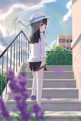 Rule 34 | 1girl, absurdres, abwan, black hair, black skirt, blue bow, blue eyes, blurry, blurry foreground, bow, building, cloud, cloudy sky, commentary, day, depth of field, diffraction spikes, flower, full body, hat, hat bow, highres, holding, holding umbrella, long hair, long sleeves, original, outdoors, pleated skirt, purple flower, railing, rainbow, shirt, shoe soles, shoes, skirt, sky, sleeves past wrists, solo, stairs, stone stairs, sun, sunlight, symbol-only commentary, thighhighs, transparent, transparent umbrella, umbrella, water drop, white hat, white shirt, white thighhighs, window