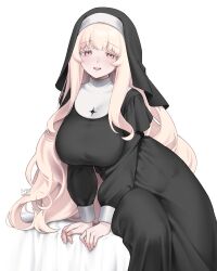 Rule 34 | 1girl, absurdres, arm support, artist name, black dress, blanche neige (svet yomi), blonde hair, blush, breasts, dress, habit, highres, large breasts, leaning to the side, long hair, long sleeves, looking at viewer, nun, open mouth, original, pink eyes, simple background, sitting, smile, solo, svet yomi, traditional nun, very long hair, white background, white hair