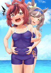 Rule 34 | 2girls, animal ears, bare shoulders, blue sky, blush, breasts, brown eyes, brown hair, cloud, cloudy sky, collarbone, commentary request, competition school swimsuit, competition swimsuit, cow, grabbing, hair ornament, hairclip, highres, horse ears, horse girl, long hair, matikane tannhauser (umamusume), medium breasts, medium hair, multicolored hair, multiple girls, naka ushiro, nice nature (umamusume), ocean, one-piece swimsuit, open mouth, outdoors, plump, ponytail, school swimsuit, sky, squishing, streaked hair, swimsuit, tracen swimsuit, umamusume, white hair, yellow eyes