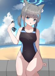 Rule 34 | animal ear fluff, animal ears, beach, black one-piece swimsuit, blue archive, blue eyes, blue sky, breasts, cloud, competition swimsuit, covered navel, cross hair ornament, day, extra ears, goggles, grey hair, hair ornament, halo, highres, holding, holding goggles, horizon, low ponytail, mecham, medium breasts, medium hair, mismatched pupils, multicolored clothes, multicolored swimsuit, ocean, one-piece swimsuit, outdoors, shiroko (blue archive), shiroko (swimsuit) (blue archive), sky, standing, swimsuit, wolf ears