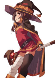 Rule 34 | 1girl, bandaged leg, bandages, belt, black belt, black thighhighs, brown cape, brown eyes, brown hair, brown hat, cape, closed mouth, commentary, dress, feet out of frame, fingerless gloves, from side, fu-ta, gloves, hair between eyes, hat, highres, holding, holding staff, kono subarashii sekai ni shukufuku wo!, looking at viewer, looking to the side, medium hair, megumin, red dress, single thighhigh, solo, staff, thighhighs, witch hat