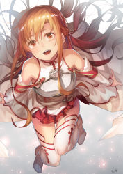 Rule 34 | 1girl, armor, asuna (sao), bad id, bad pixiv id, breastplate, brown eyes, brown hair, detached sleeves, highres, long hair, looking at viewer, open mouth, saraki, signature, smile, solo, sword art online, thighhighs, white thighhighs
