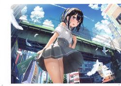 Rule 34 | 1girl, absurdres, aircraft, airplane, bag, bare shoulders, black hair, blue sky, breasts, cityscape, clothes lift, clothing cutout, contrail, day, falling feathers, feathers, fisheye, from below, hair ornament, hair scrunchie, high-waist skirt, highres, kantoku, looking at viewer, non-web source, off-shoulder blouse, off-shoulder shirt, off shoulder, one side up, original, panties, pantyshot, pleated skirt, purple eyes, scan, scrunchie, shirt, shizuku (kantoku), shoulder bag, shoulder cutout, sidelocks, skirt, skirt lift, sky, small breasts, smile, solo, standing, underwear, white panties, wind, wind lift