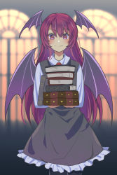 Rule 34 | 1girl, bat wings, black skirt, black vest, blush, book, book stack, breasts, closed mouth, collared shirt, demon tail, eyelashes, hair between eyes, head wings, highres, koakuma, long hair, long sleeves, looking at viewer, medium breasts, nayozane (worker7), necktie, one-hour drawing challenge, puffy sleeves, red eyes, red hair, red necktie, shirt, skirt, smile, solo, standing, tail, touhou, very long hair, vest, white shirt, window, wing collar, wings