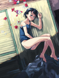 Rule 34 | 1girl, ahoge, bad id, bad pixiv id, barefoot, black hair, feet, flat chest, flower, from above, kno1, lying, on floor, on side, one-piece swimsuit, original, school swimsuit, short hair, solo, strap slip, swimsuit, tatami