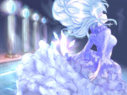 Rule 34 | 1girl, banshee (ragnarok online), blue dress, blue hair, column, commentary request, dress, expressionless, fafunyiru, feet out of frame, floating hair, frilled dress, frilled sleeves, frills, gem, grey eyes, highres, long hair, looking at viewer, looking back, open mouth, pillar, pointy ears, ragnarok online, solo, too many, too many frills, water