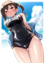 Rule 34 | 1girl, arms behind back, black one-piece swimsuit, blurry, blurry background, blush, breasts, clenched teeth, commentary request, covered navel, dokudoku913, dutch angle, from below, full-face blush, highres, holding, holding behind back, idolmaster, idolmaster cinderella girls, kickboard, looking at viewer, looking down, medium breasts, mole, mole under eye, name tag, old school swimsuit, one-piece swimsuit, outdoors, revision, school swimsuit, sharp teeth, solo, sunazuka akira, sweatdrop, swimsuit, teeth, thigh gap, twintails, wavy hair, wet